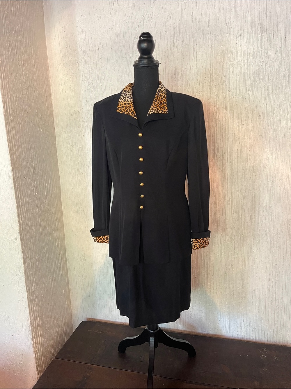 Women's Black Blazer Dress with Leopard Trim - Elegant Button-Front Jacket